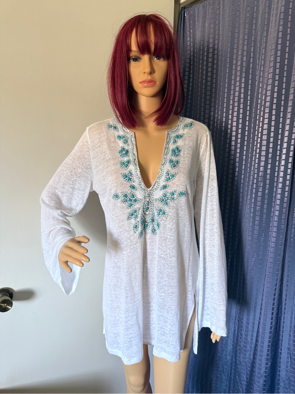 INC Beach White 100% Linen Tunic M Turquoise Beaded Boho 40” Bust